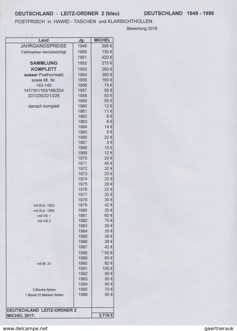 Bundesrepublik Deutschland: 1949/1996, Postfrische Teilsammlung Im Leitz-Ordner, Bis Auf Posthorn Un - Verzamelingen