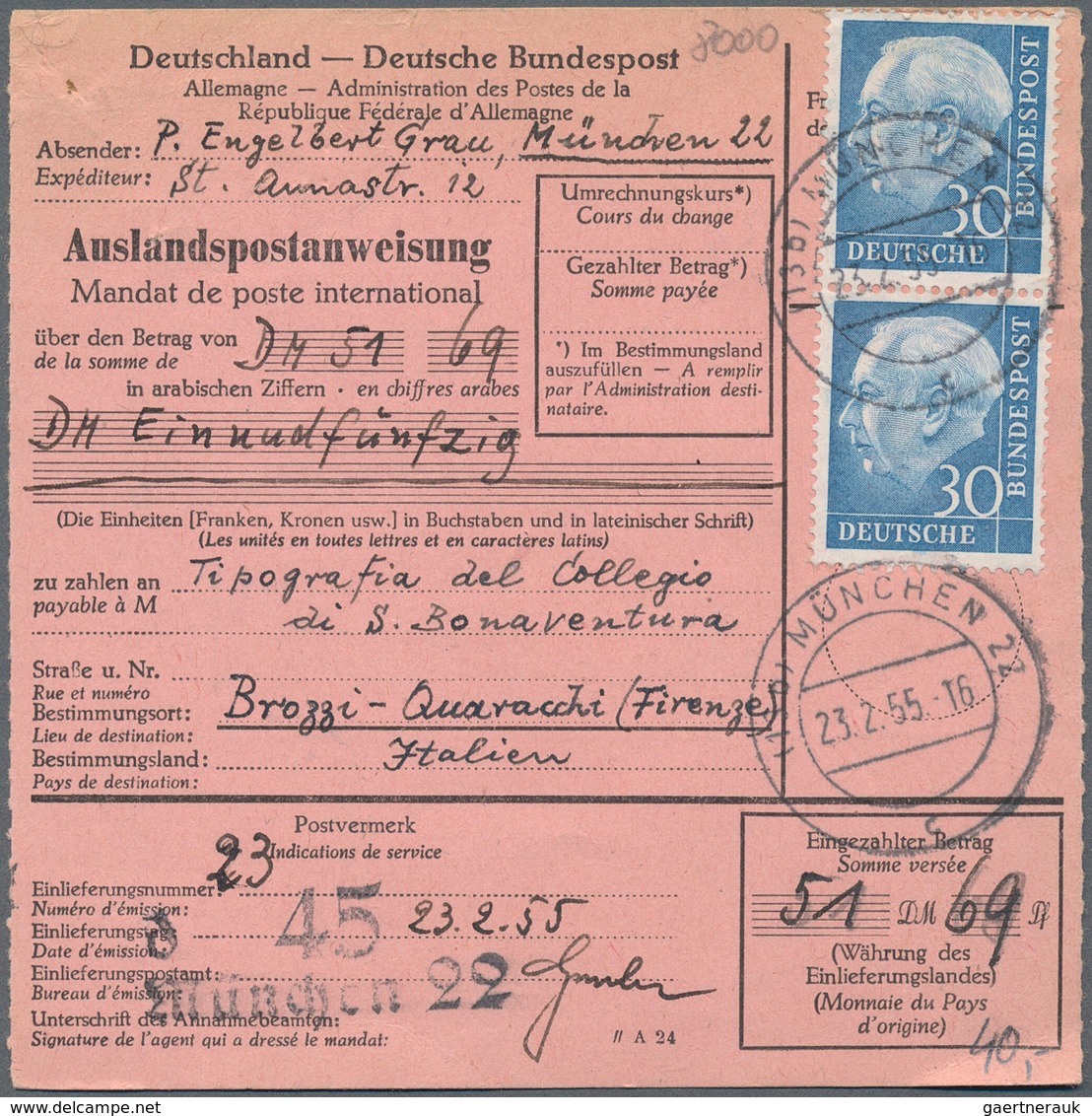 Bundesrepublik Deutschland: 1950er. Lot Von 400 Auslandspostanweisungen Und Postanweisungen Mit Post - Verzamelingen