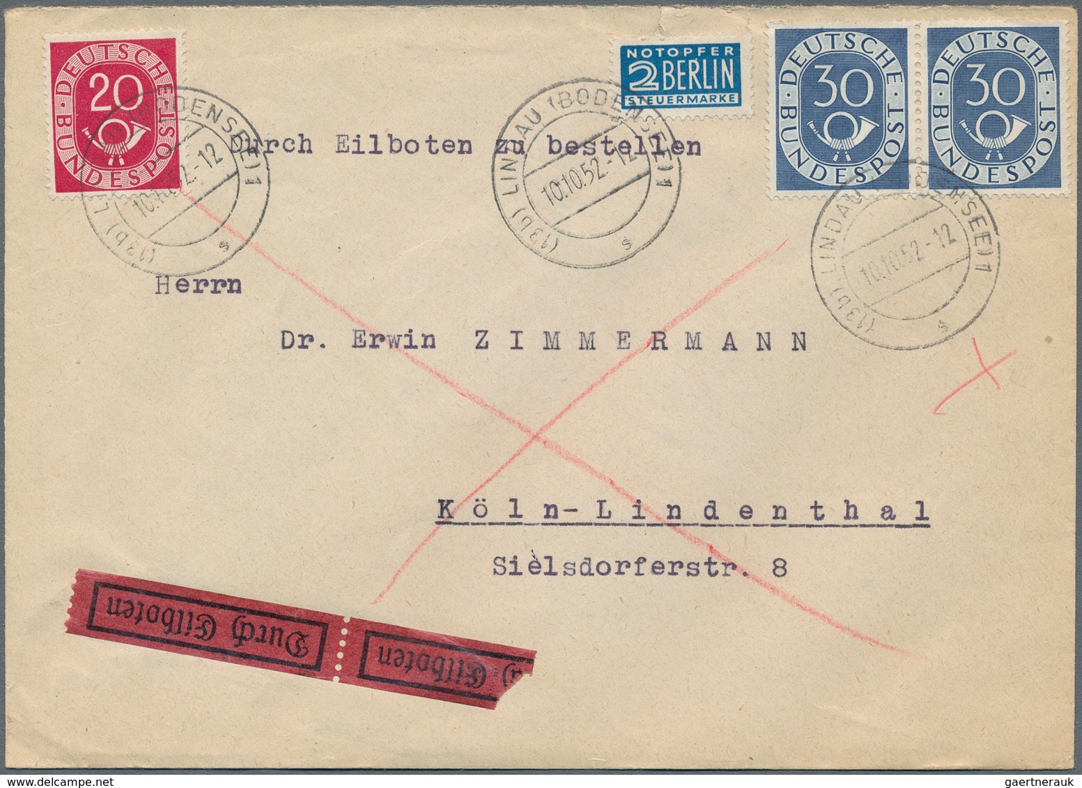 Bundesrepublik Deutschland: 1952/1954, Saubere Kleine Sammlung Von Portogerechten Briefen Und Karten - Verzamelingen