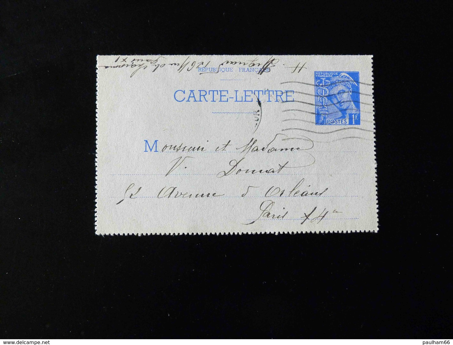ENTIER POSTAL  CARTE LETTRE  1 F  TYPE MERCURE  DE PARIS POUR PARIS  1941 - Cartes-lettres