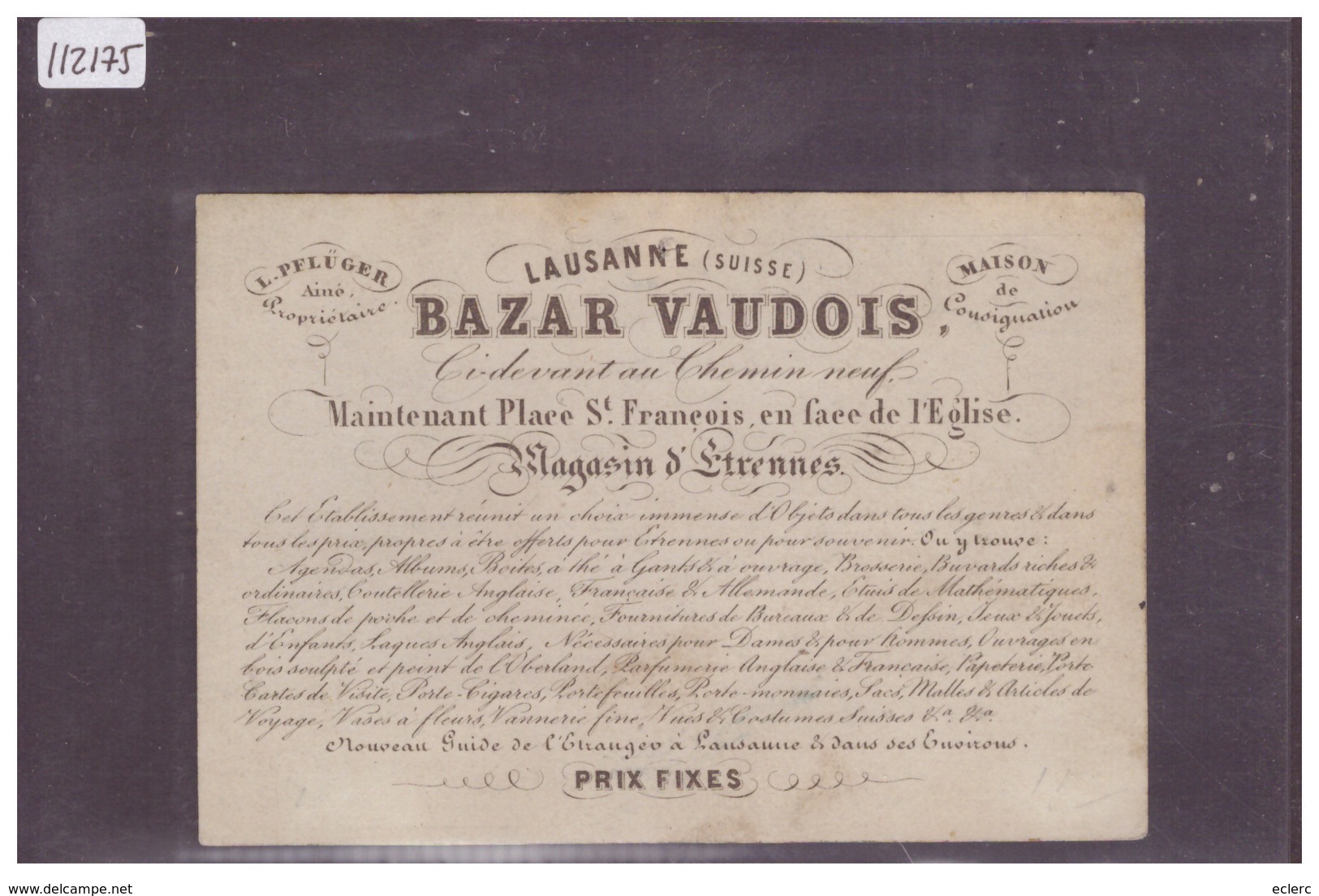 LAUSANNE - BAZAR VAUDOIS, PLACE ST FRANCOIS - CALENDRIER 1858 - CARTE FORMAT 11x7.5 Cm - TB - Lausanne