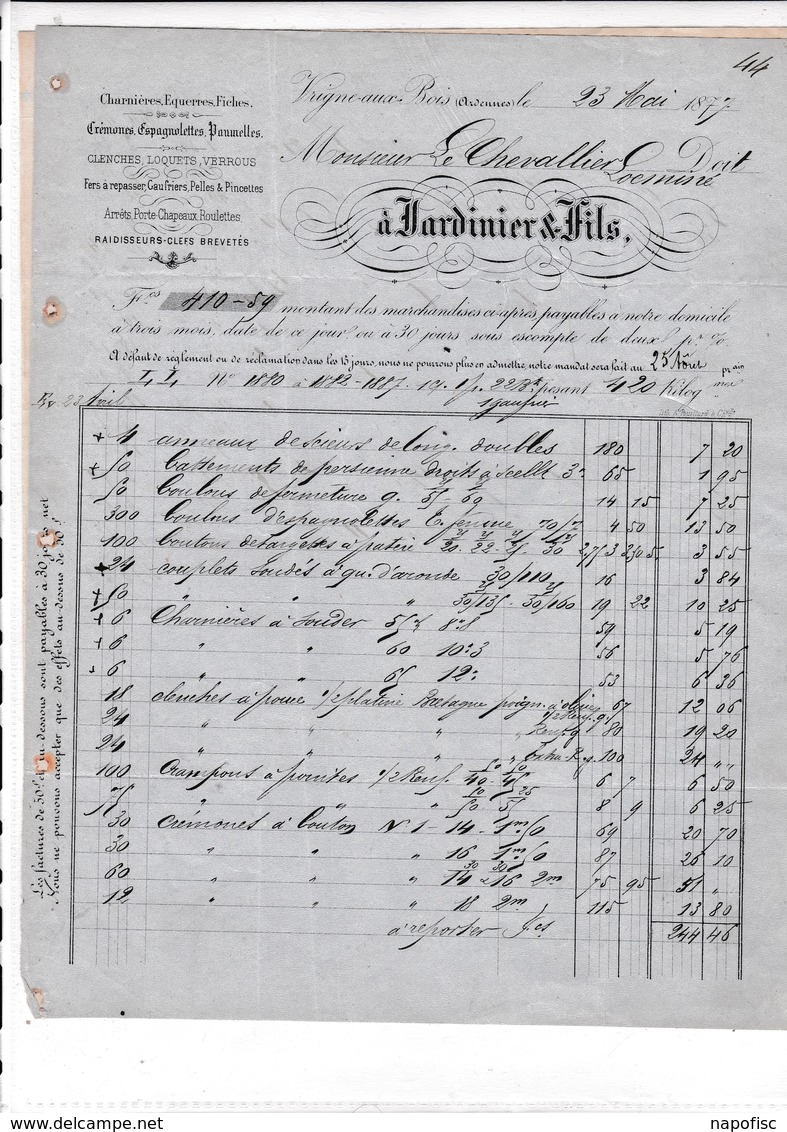 08-Jardinier & Fils Charnières,Equerres,Fiches  Vrigne Aux Bois (Ardennes) 1877 - Other & Unclassified