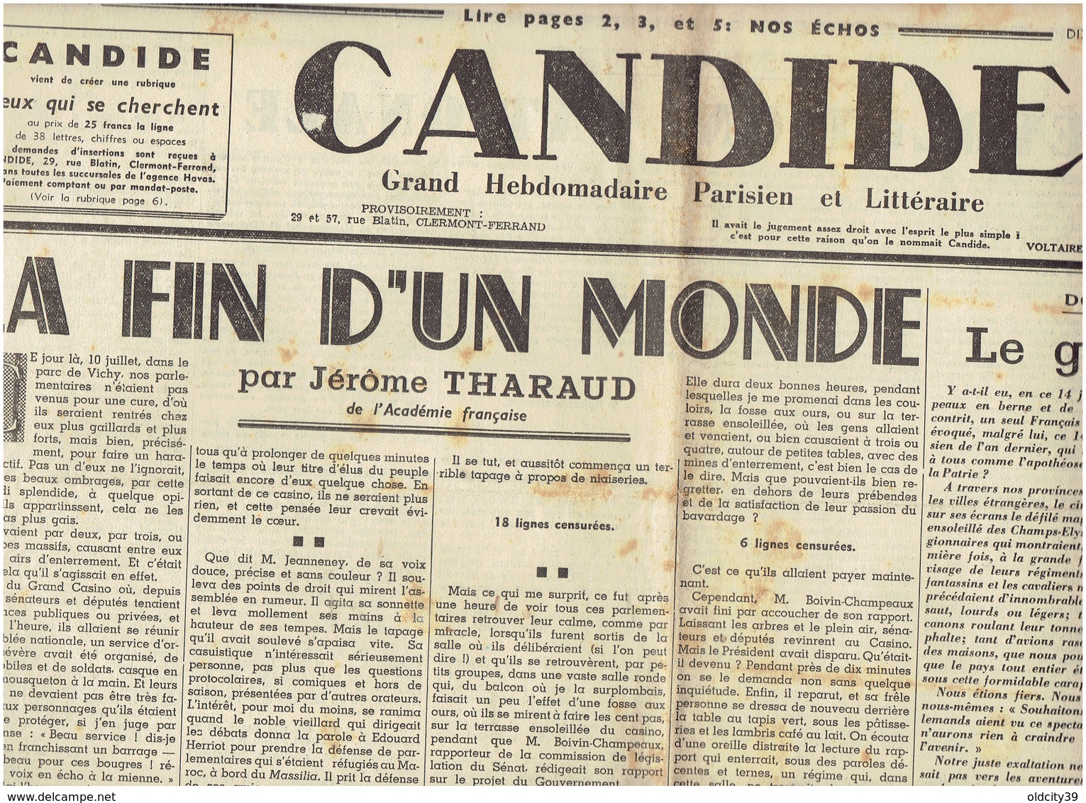 Candide Du 17 Juillet 1940 : La Fin D'un Monde Vichy Renoult, Jeanneney - Autres & Non Classés