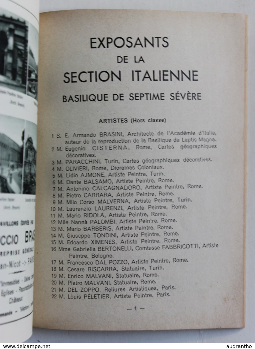 guide officiel section italienne exposition coloniale Paris 1931 De Rosa Benito Mussolini