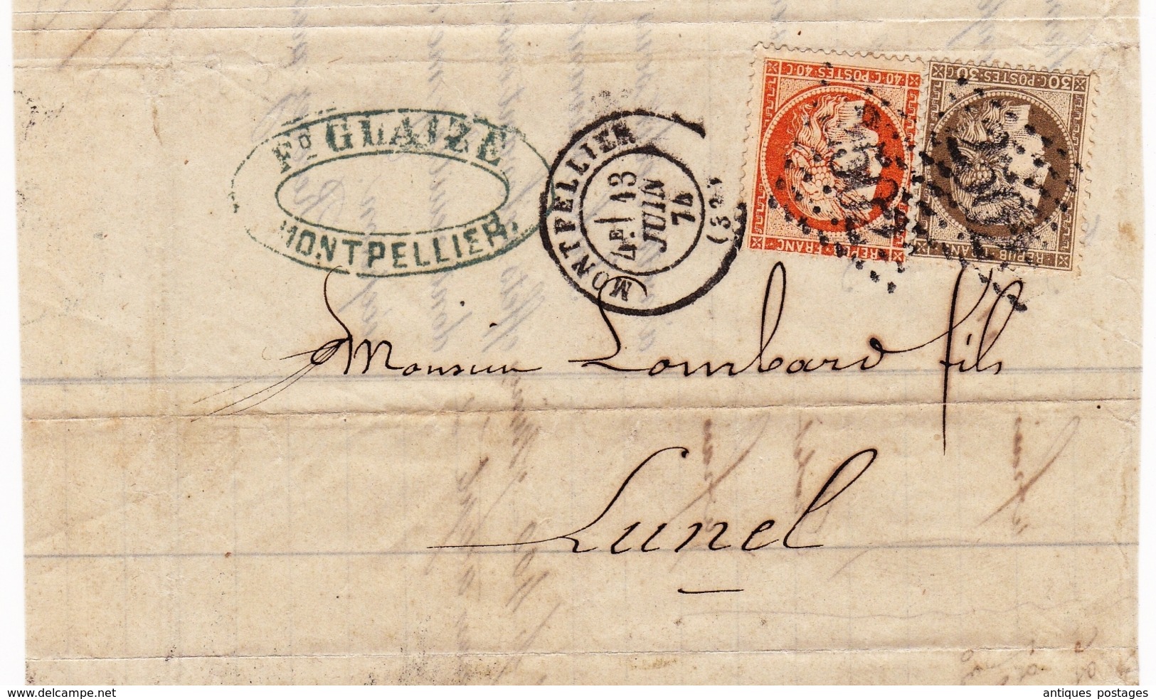 Lettre 1874 Montpellier Hérault Glaize Lombard Et Fils Lunel Timbre Cérès - 1871-1875 Cérès