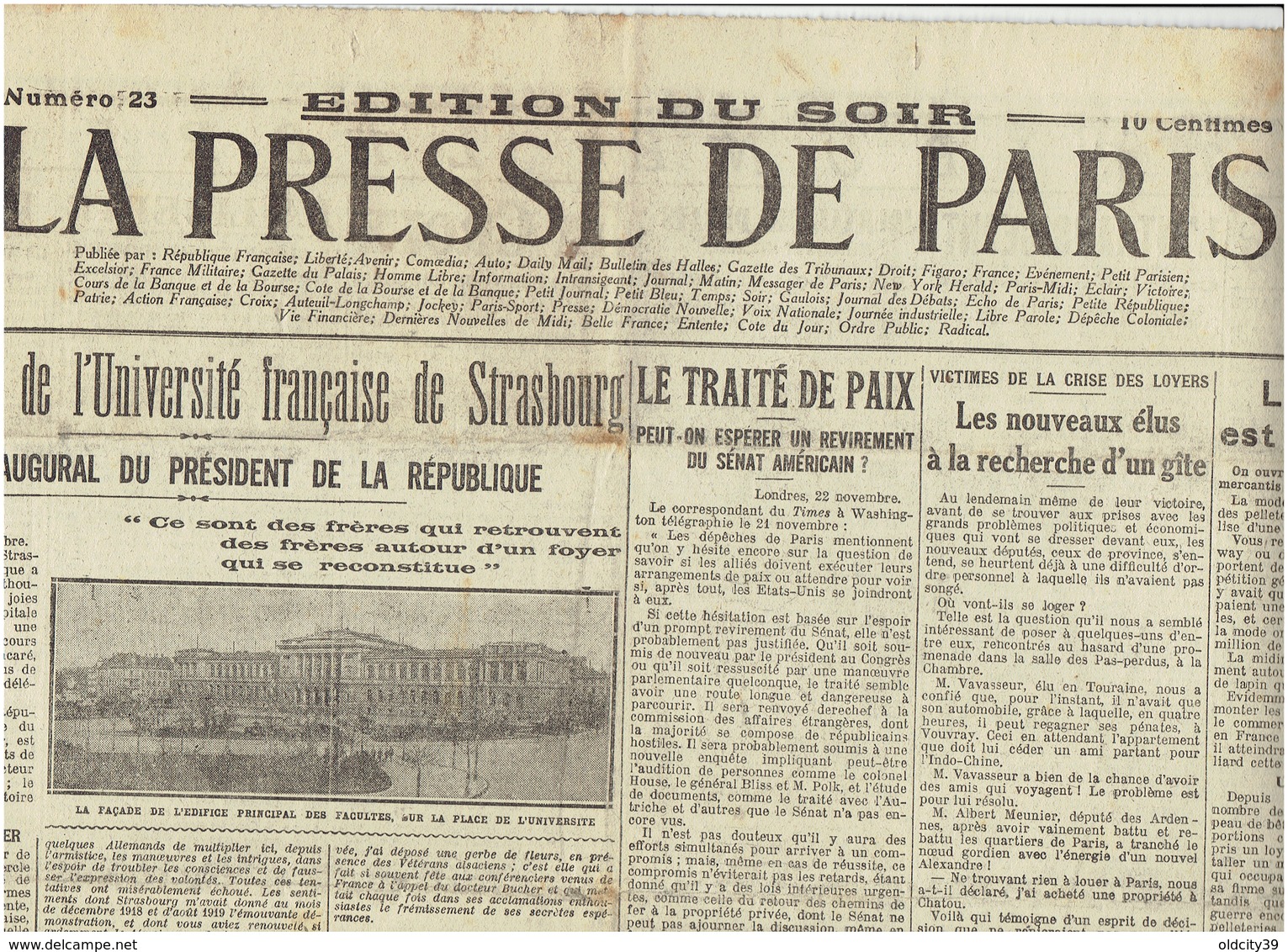 LE PRESSE DE PARISdu 23 Novembre 1919 / La Résurrection De L'Université De Strasbourg - Autres & Non Classés