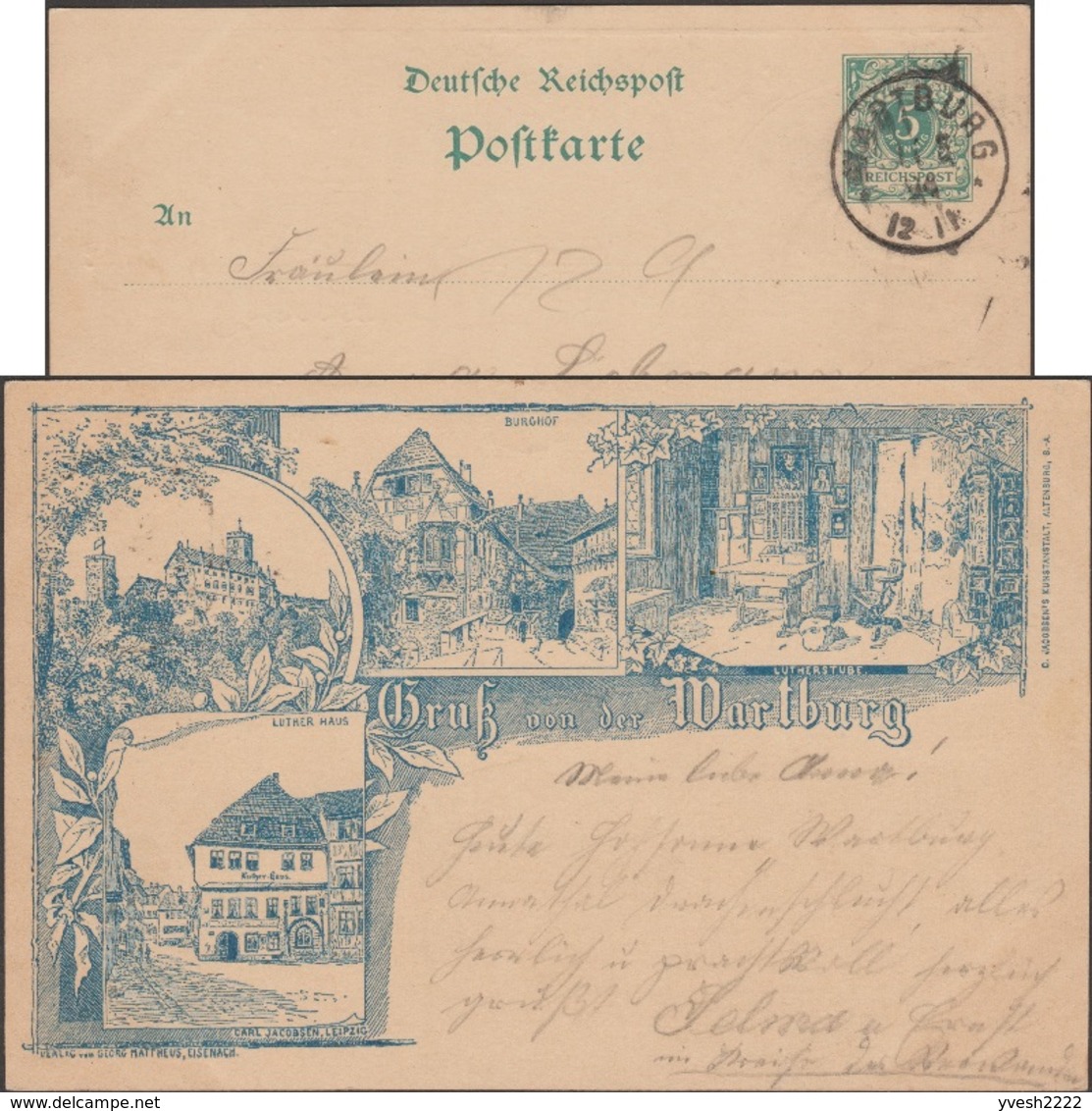 Allemagne 1893. Entier Postal TSC. Le Château De La Wartbourg (patrimoine UNESCO), Lutherstube Et Maison Luther - Théologiens