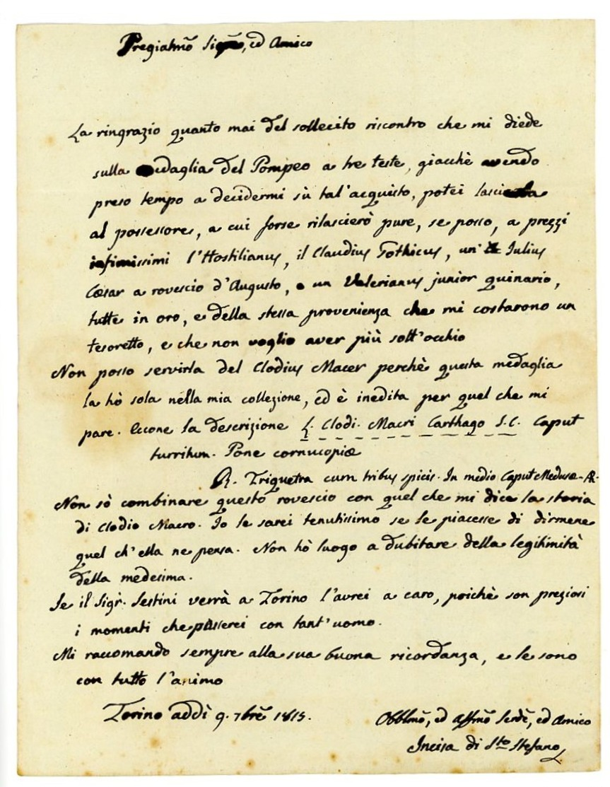 LETTERA DI CARATTERE NUMISMATICO SPEDITA AL DIRETTORE MUSEO ZECCA MILANO 1815 (3/13) - Manoscritti