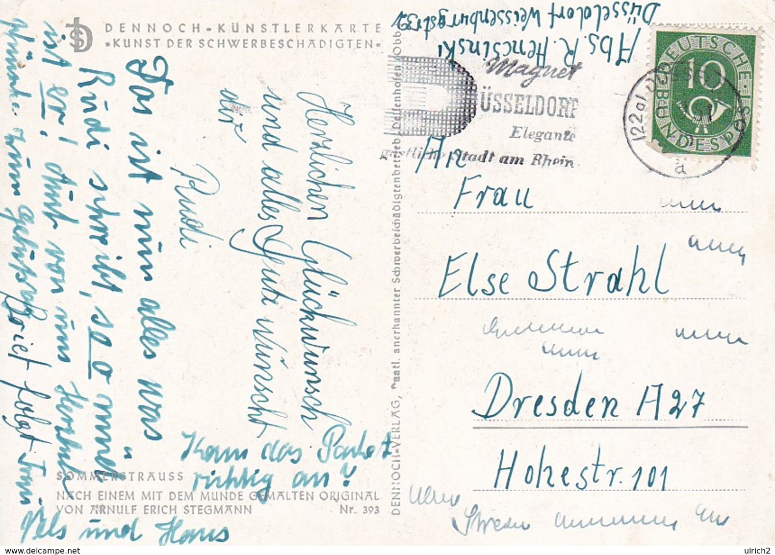 AK Erich Stegmann - Sommerstrauß - Mit Dem Munde Gemalt - Werbestempel Magnet Düsseldorf - 1951 (41756) - Paintings