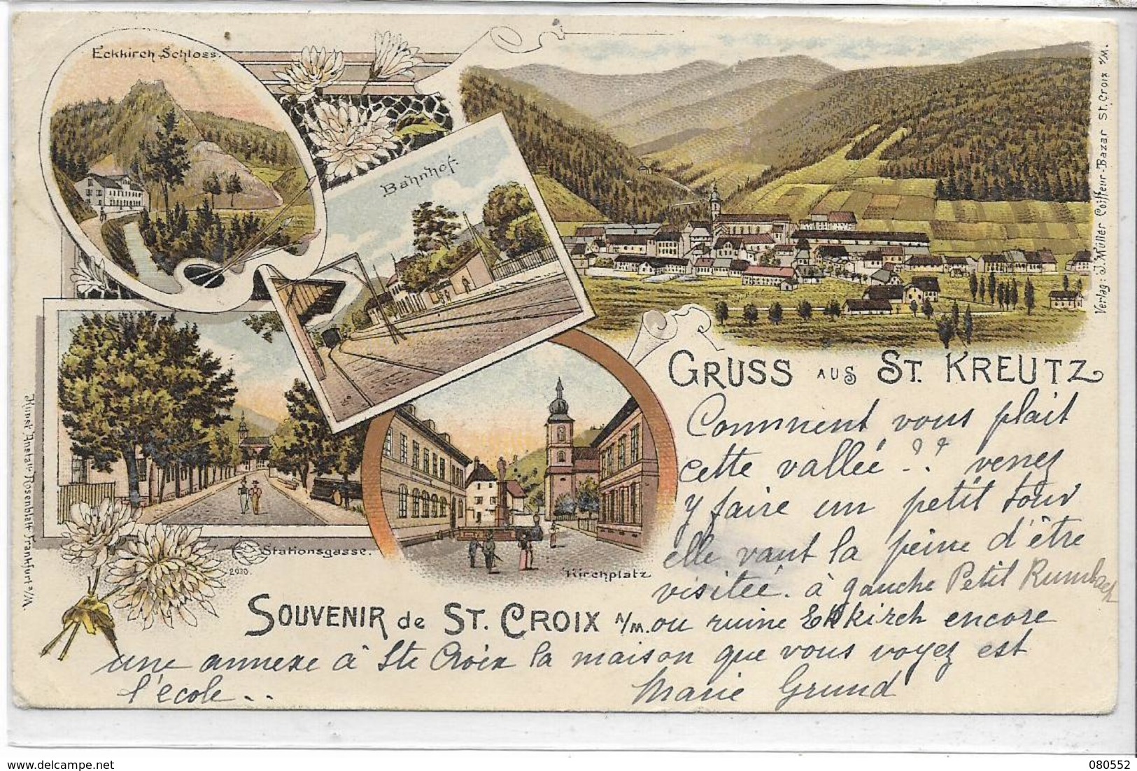 68 SAINTE-KREUTZ . Souvenir Ste-Croix , édit : Jean Müller , Coiffeur Sainte-Croix , écrite En 1899 , état Extra - Sainte-Croix-aux-Mines