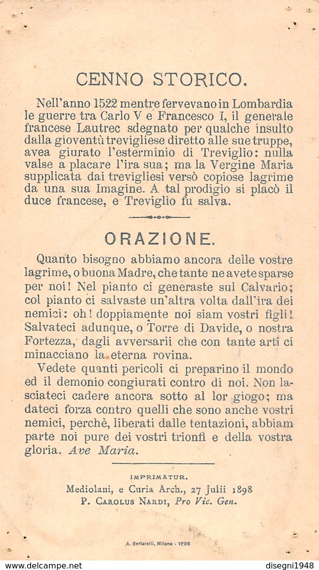 08220 "B. V. DELLE LAGRIME - TREVIGLIO (BG)" IMM. RELIG. ORIG. - Devotieprenten