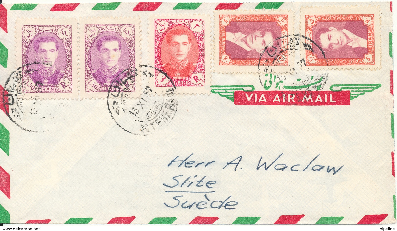 Iran Air Mail Cover Sent To Sweden 13-11-1957 - Iran