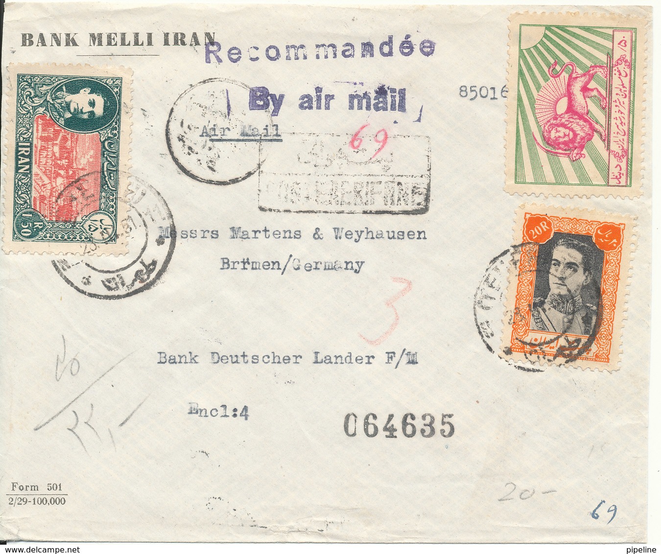 Iran Frontpage Of Registered Air Mail Bank Cover Sent To Germany 23-3-1951 (only The Frontpage) - Iran