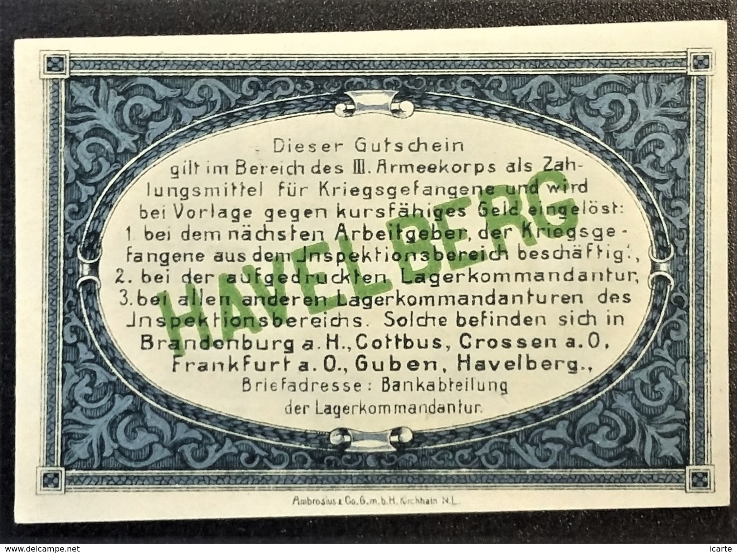 Billet 5 Pfennig LAGERGELD MONNAIE DE CAMP PRISONNIER DE GUERRE Kriegsgefangenenlager HAVELBERG - Andere & Zonder Classificatie