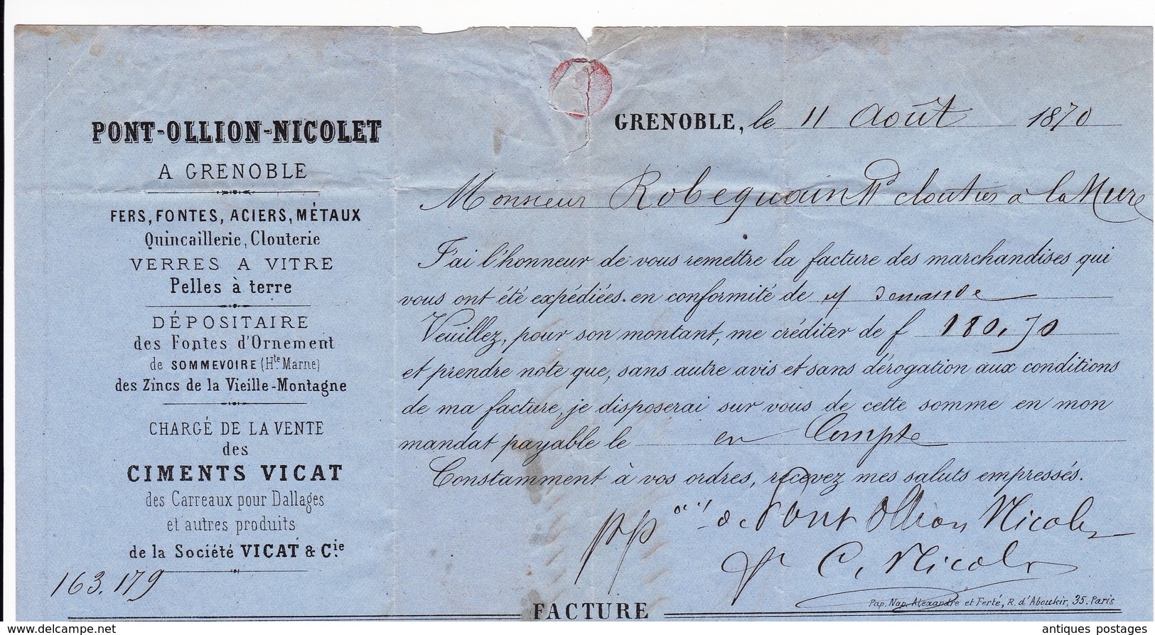 Lettre 1870 Grenoble Isère La Mure Paire Napoléon III Lauré 10 centimes Pont Ollion Nicolet Fer Fonte Acier Métaux