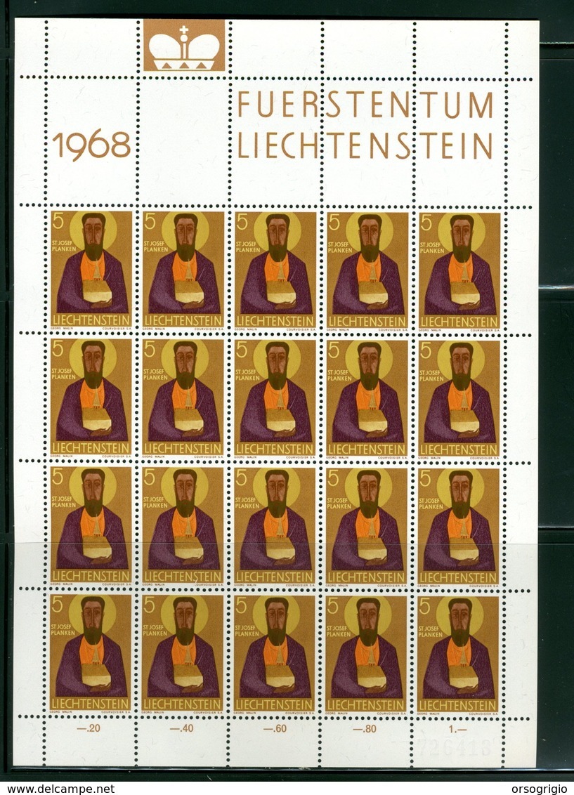 LIECHTENSTEIN - FOGLIO INTERO COMPLETO - NON PIEGATO - MNH LUSSO - 1968 - FUERSTENTUM - Definitives Religion 3v - Blocchi & Fogli