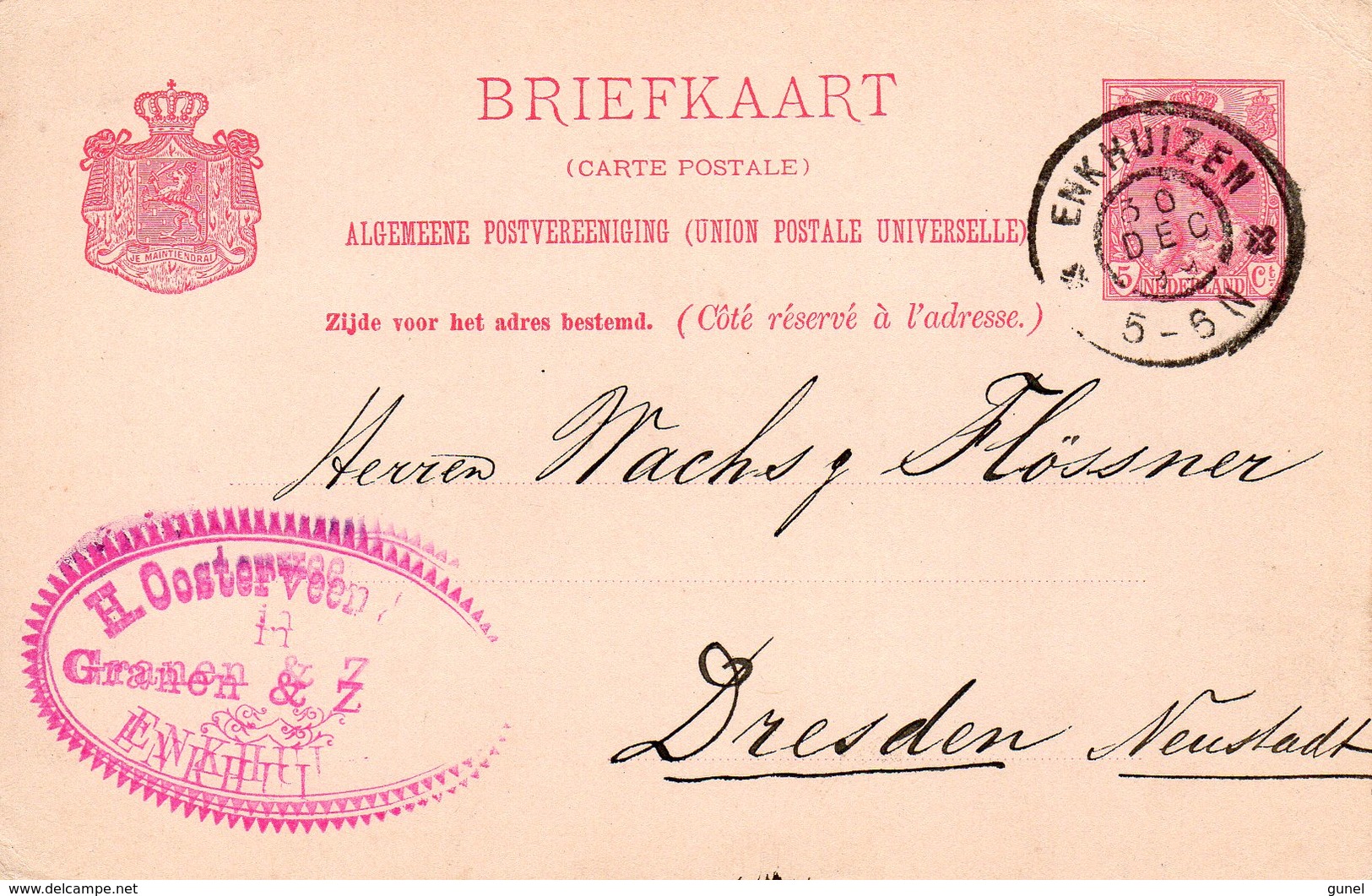 30 DEC 1899 Bk G 53 Van Enkhuizen Met Firmalogo Naar Dresden Neustadt ( Met Keurstempeltjes??) - Brieven En Documenten