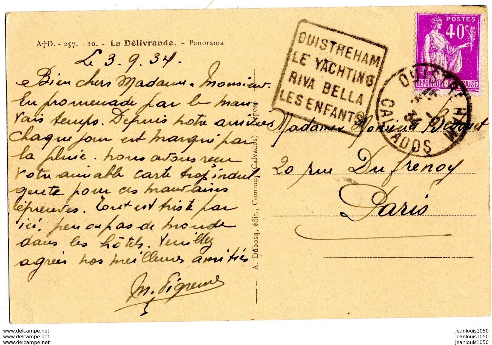 FRANCE TYPE PAIX 40 CTS SUR CP OBLITERE CACHET DAGUIN OUISTREHAM 1934 THEME SPORTS BATEAUX - Oblitérations Mécaniques (Autres)