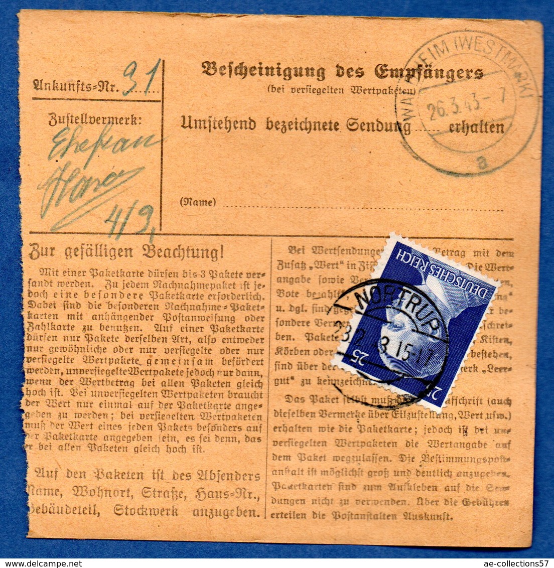 Colis Postal  -  Départ Nortrup - Pour Spittel - Waldheim - Brieven En Documenten