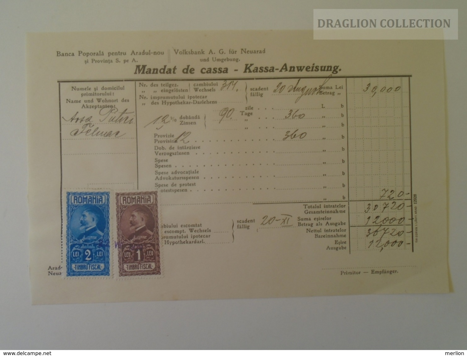 KA402.6 Romania Volksbank Neuarad - Aradul-Nou - Mandat De Cassa- Kassa Anweisung Arad - Felnac -stamp Ca 1929 - Other & Unclassified