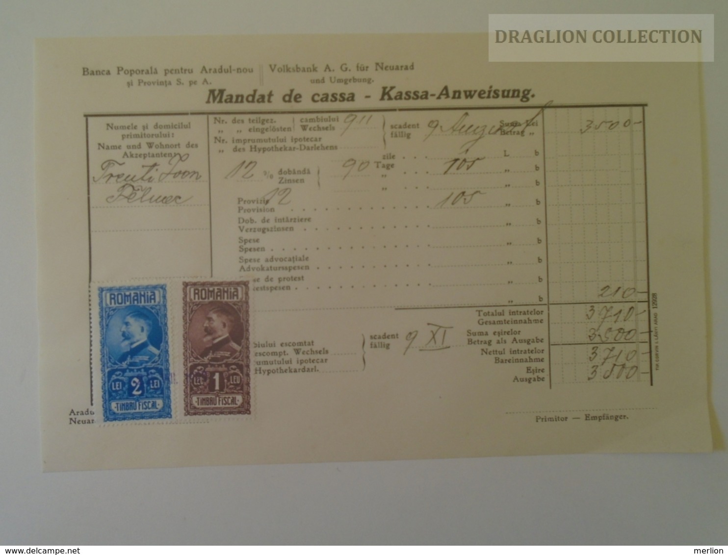 KA402.7 Romania Volksbank Neuarad - Aradul-Nou - Mandat De Cassa- Kassa Anweisung Arad - Felnac -stamp Ca 1929 - Other & Unclassified