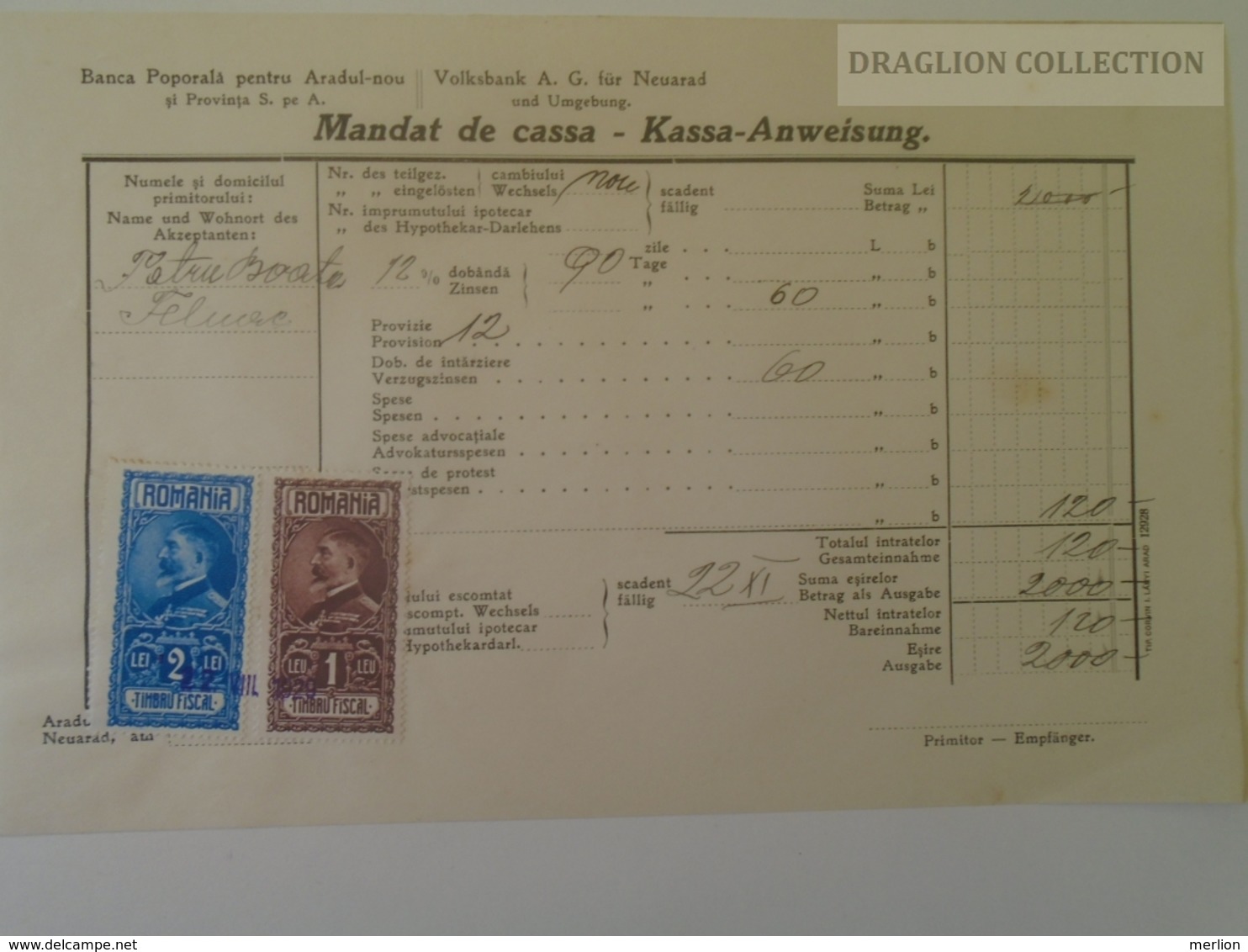 KA402.8 Romania Volksbank Neuarad - Aradul-Nou - Mandat De Cassa- Kassa Anweisung Arad - Felnac -stamp Ca 1929 - Otros & Sin Clasificación