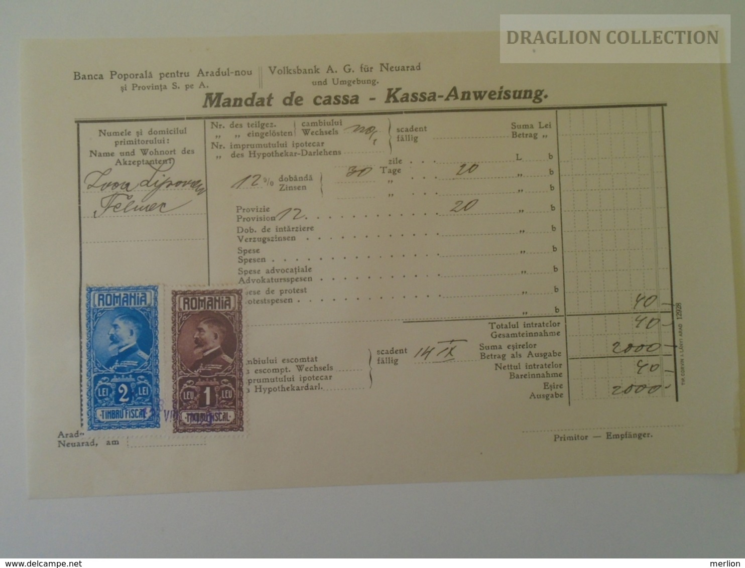 KA402.9 Romania Volksbank Neuarad - Aradul-Nou - Mandat De Cassa- Kassa Anweisung Arad - Felnac -stamp Ca 1929 - Other & Unclassified