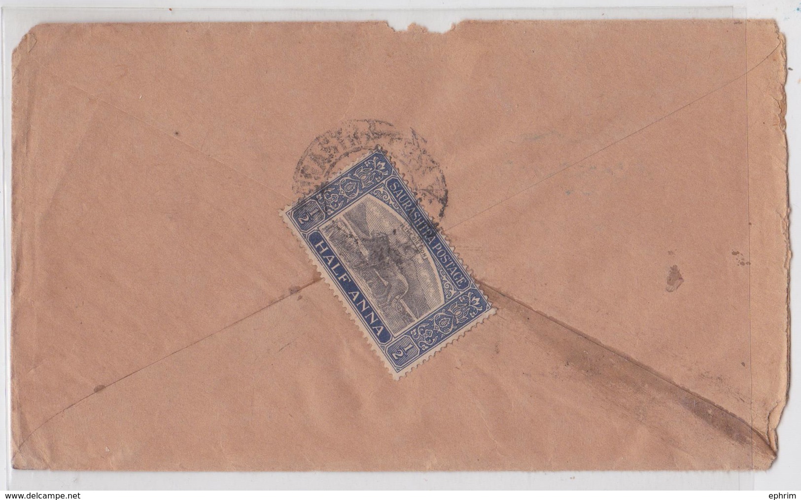 LETTRE TIMBRE SAURASHTRA POSTAGE SORUTH SORATH GUJARAT ETAT INDE BRITISH INDIA STATE RAJ THE GIR LION STAMP MAIL COVER - Soruth