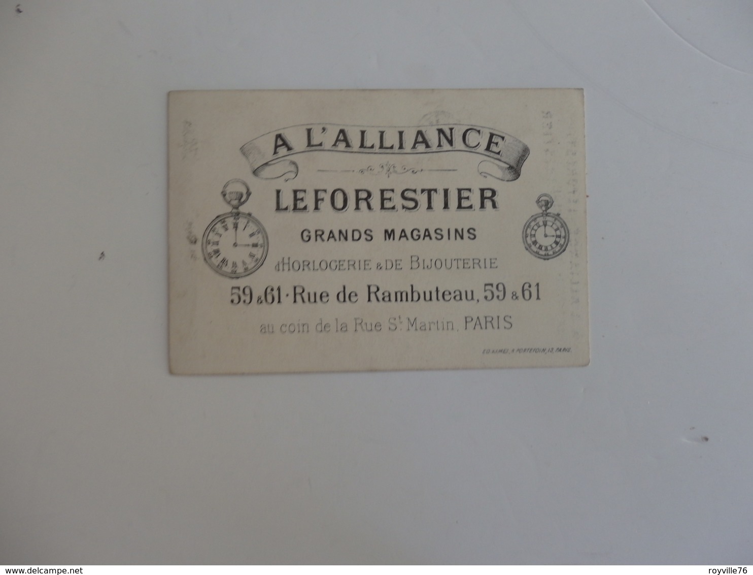 Chromo "A L'alliance" Leforestier Grands Magasins D'horlogerie & De Bijouterie 59 & 61 Rue De Rambuteau Paris. - Andere & Zonder Classificatie