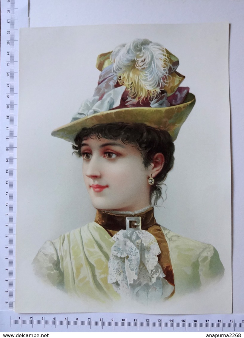 CHROMO LITHOGRAPHIE GRAND FORMAT.. H . 26 Cm........FEMME AU CHAPEAU JAUNE....DENTELLE - Other & Unclassified