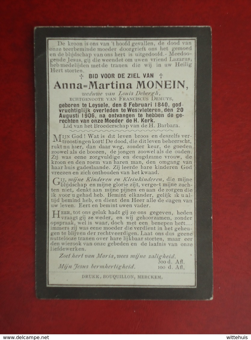 Anna Monein - Demuys Geboren Te Leysele 1840 En Overleden Te Westvleteren 1906   (2scans) - Religion & Esotérisme