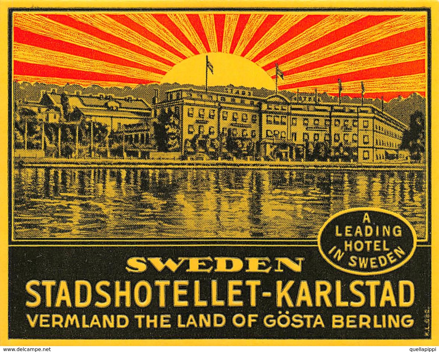 D9324 " SWEDEN - STADSHOTELLET - KARLSTAD - A LEADING HOTEL IN SWEDEN" GOMMATA AL VERSO - ETICHETTA ORIGINALE, 1950. - Adesivi Di Alberghi