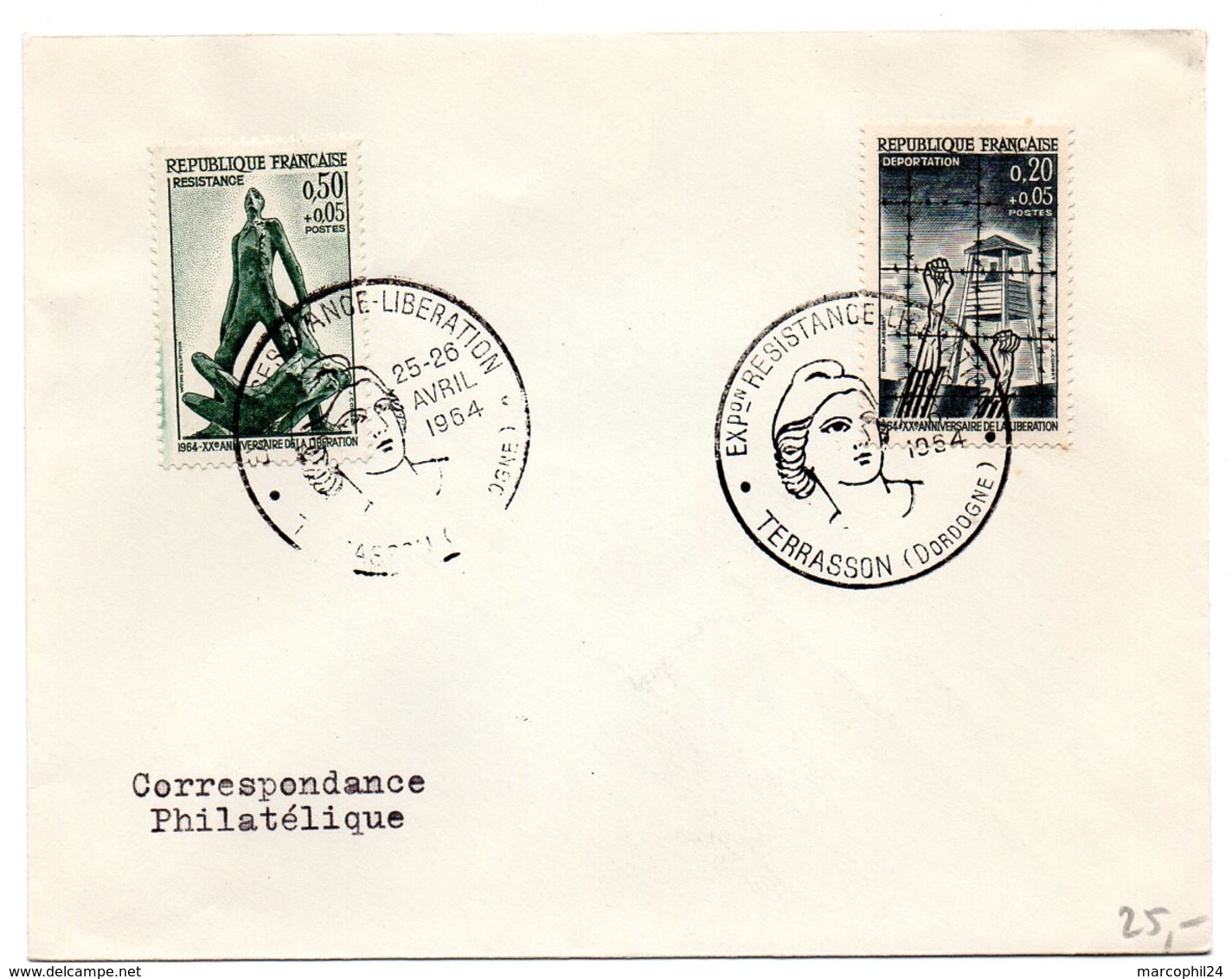 DORDOGNE - Dépt N° 24 = TERRASSON 1964 =  CACHET Illustré + 2 Timbres CONCORDANTS = EXPO RESISTANCE LIBERATION - Cachets Commémoratifs