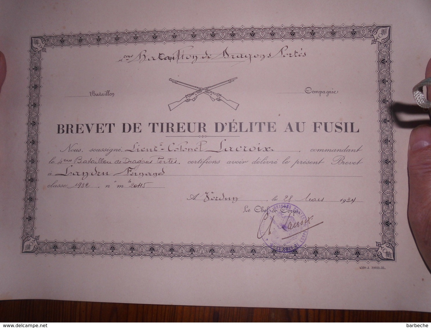 BREVET DE TIREUR D' ELITE AU FUSIL 4em Bataillon De Dragons Portés Lieutenent  Colonel LACROIX - Documentos