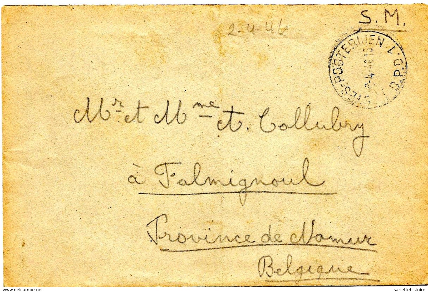 Lettre En Sm Obl. POSTES-POSTERIJEN - B.P.D. 1 - 8.4.46 V. Falmignoul. - Exp. BA.O.R. Aix-la-Chapelle. Peu Ct - Briefe U. Dokumente