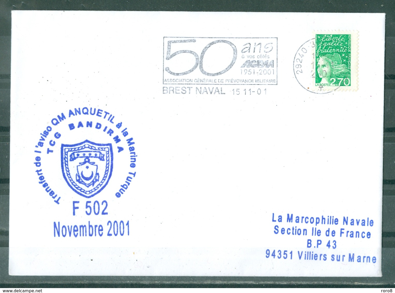 Transfert De L'aviso Q.M. ANQUETIL à La Marine Turque TCG BANDIRMA F 502 Novembre 2001 Flamme Brest Naval Du 15-11-01 - Poste Navale