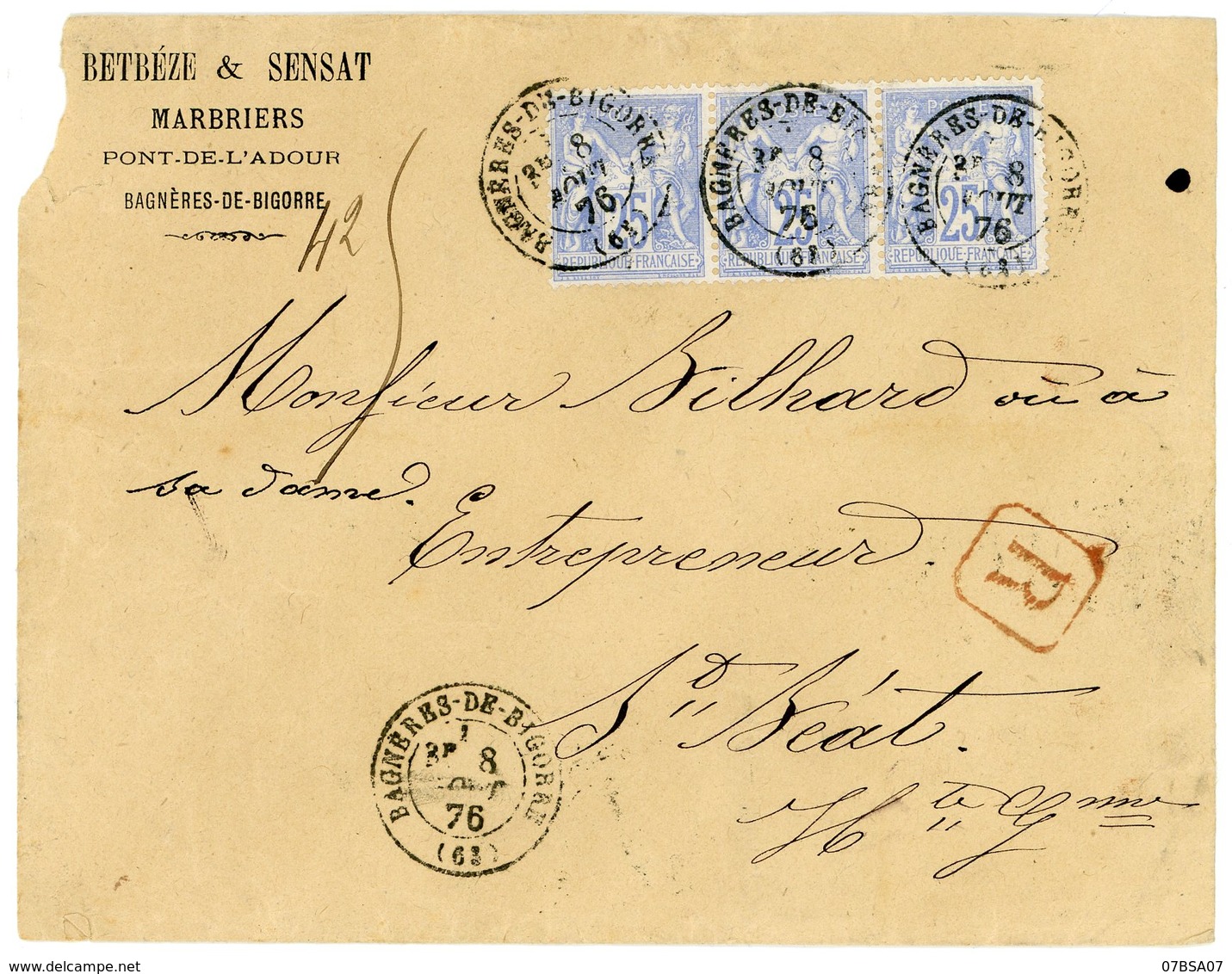 RRR N°68 25C SAGE OUTREMER TYPE 1 BANDE DE 3 HAUTE PYRENEES ENV 1876 BAGNERES DE BIGORRE L.RECOMMANDEE - 1877-1920: Période Semi Moderne