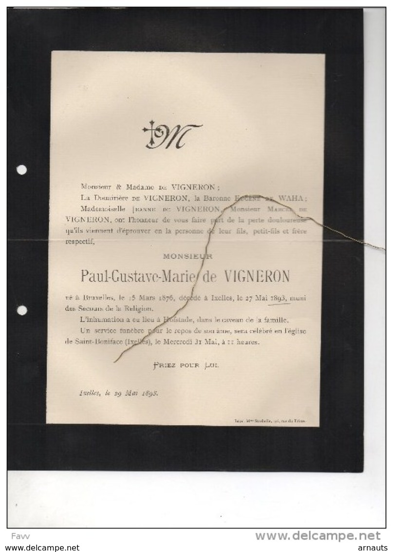 Paul De Vigneron °Bruxelles 1876 +27/5/1893 Ixelles Hofstade De WAHA - Obituary Notices