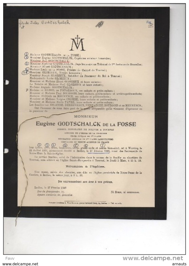 Eugene Godtschalk De La Fosse Consul Bolivie Tournai °Wervik 1867 +27/2/1938 Ixelles Notre Dame A La Cambre - Obituary Notices