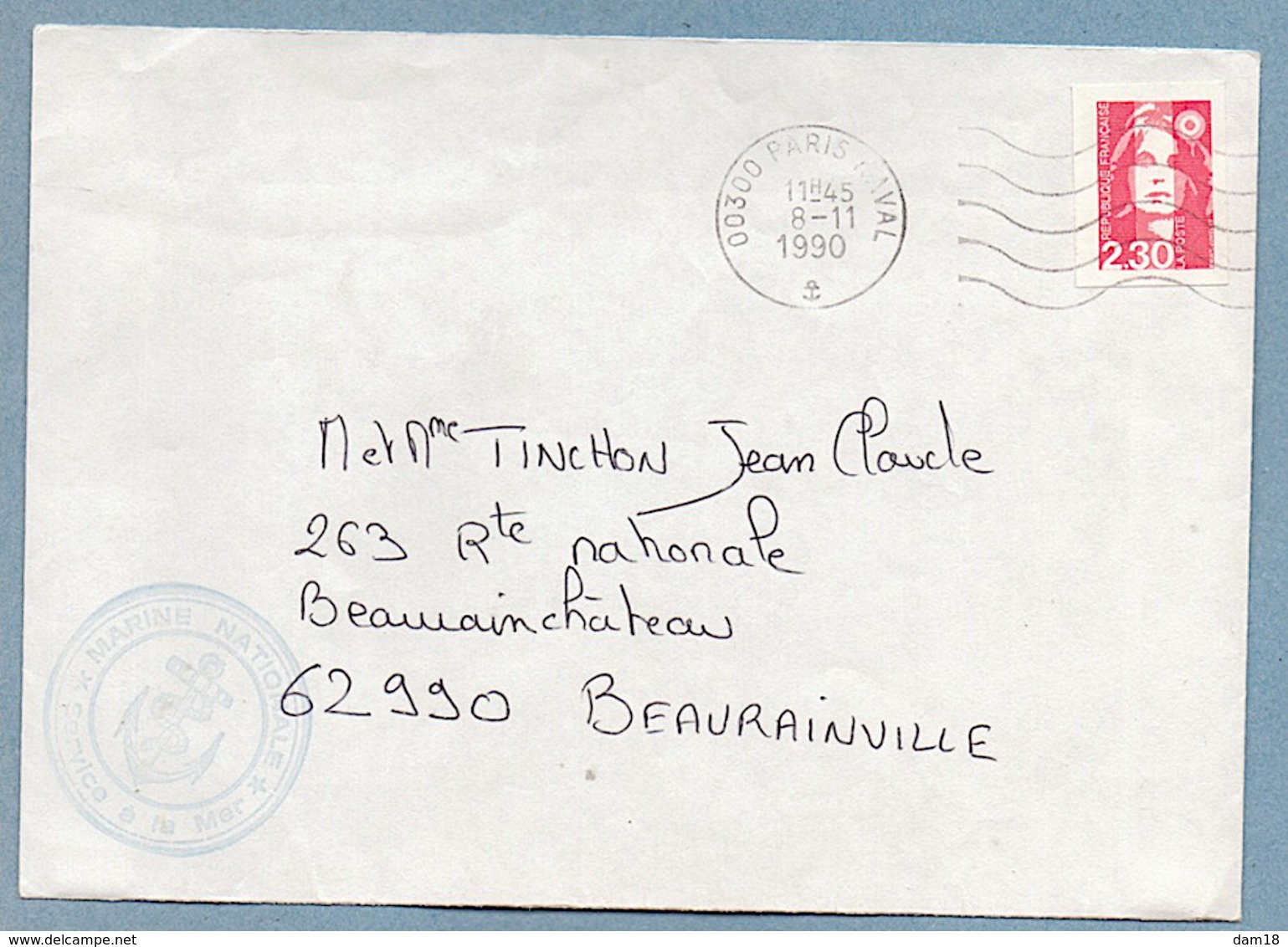 PARIS NAVAL 00300 MARINE NATIONALE SERVICE A LA MER GUERRE DU GOLFE  LETTRE 08 11 1990 - Poste Navale