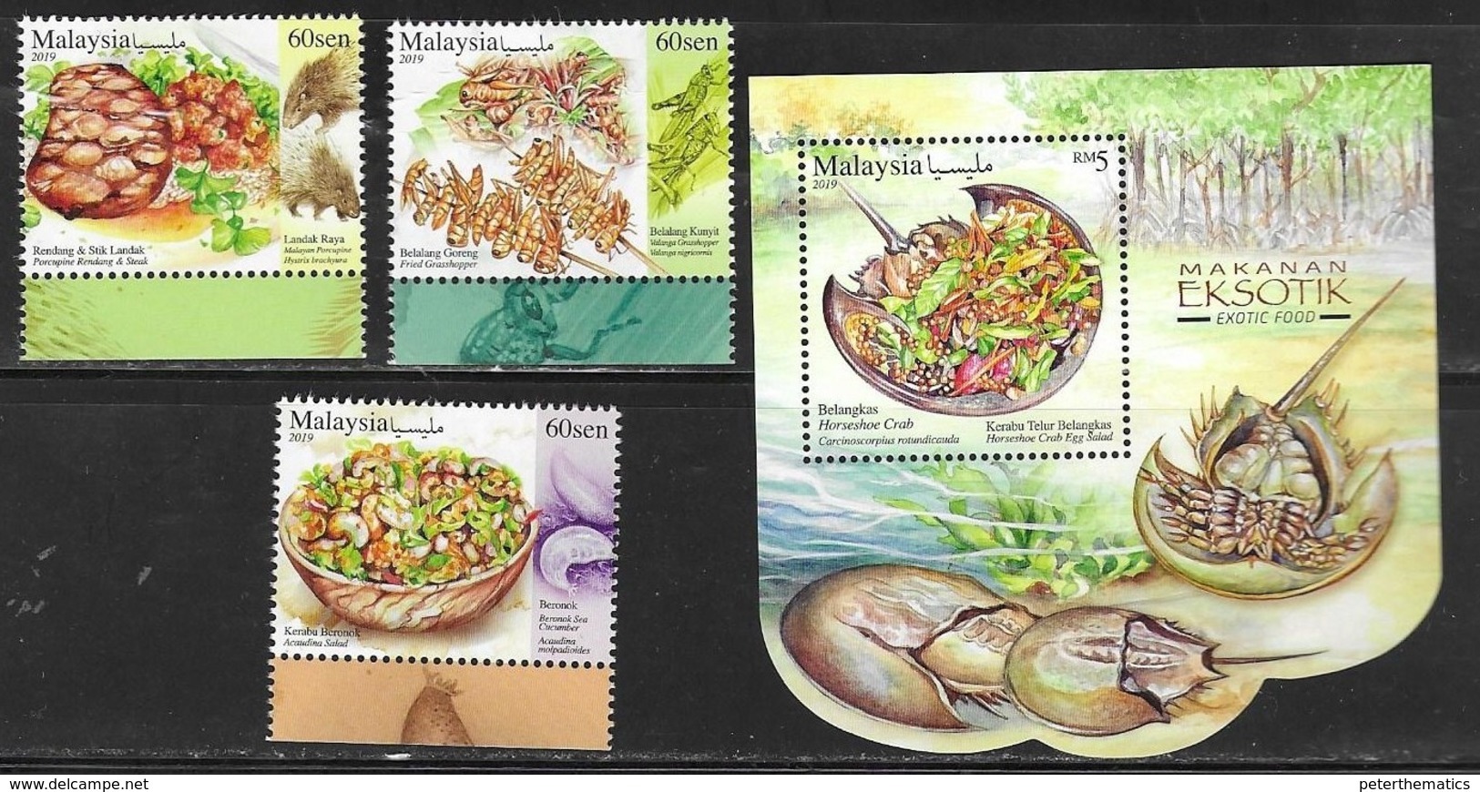 MALAYSIA, 2019, MNH,EXOTIC FOODS, CRABS, HORSESHOE CRAB, INSECTS, PORCUPINE, FAUNA, 3v+S/SHEET - Ernährung