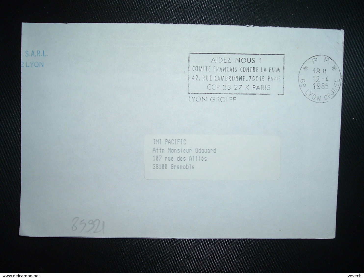 LETTRE PORT PAYE OBL.MEC.12-4 1985 PP 69 LYON GROLEE + COMITE FRANCAIS CONTRE LA FAIM - Oblitérations Mécaniques (Autres)