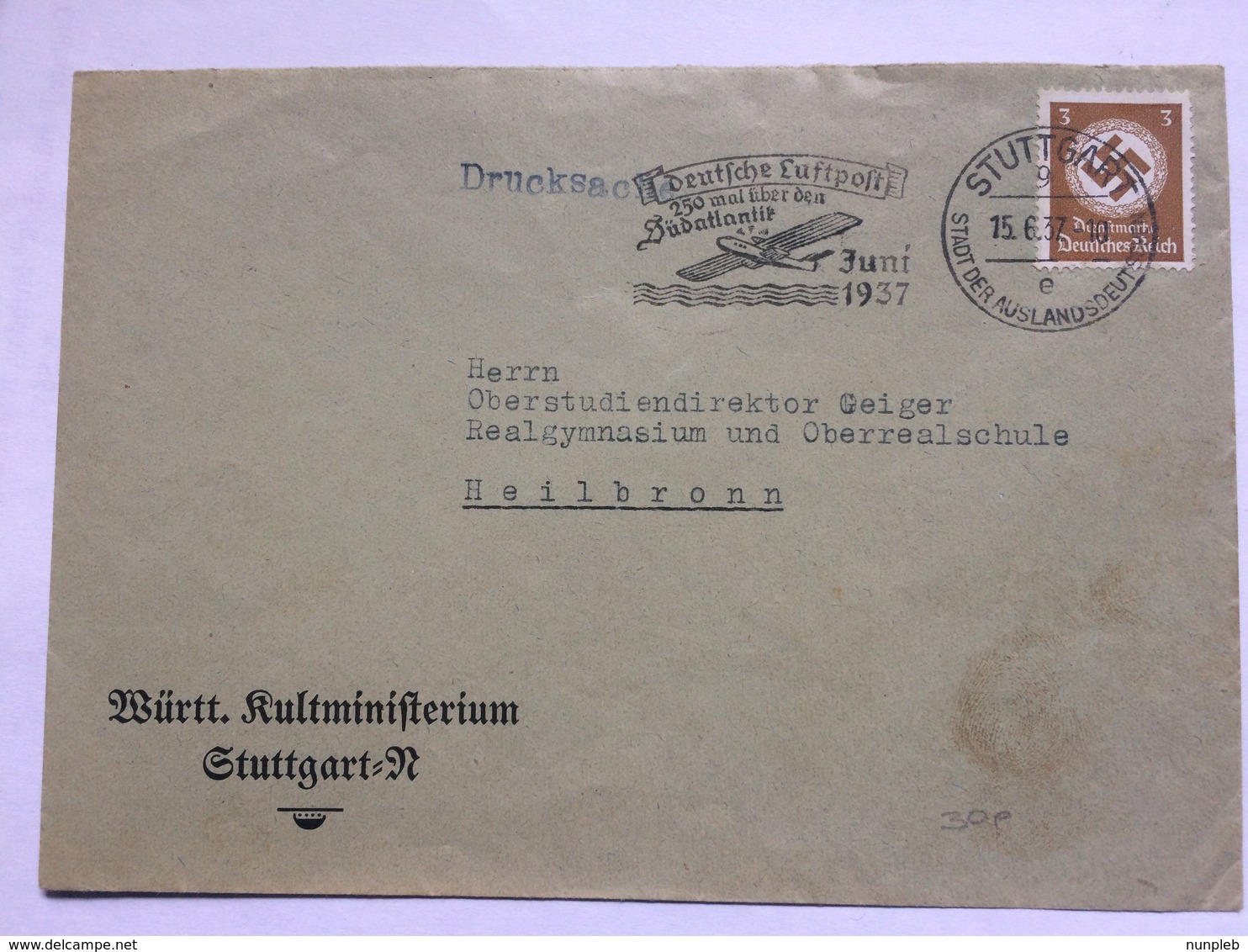 GERMANY 1937 Cover Stuttgart To Heilbronn `Deutsche Luftpost 250 Mal über Den Südatlantik ` Slogan Cancel - Briefe U. Dokumente