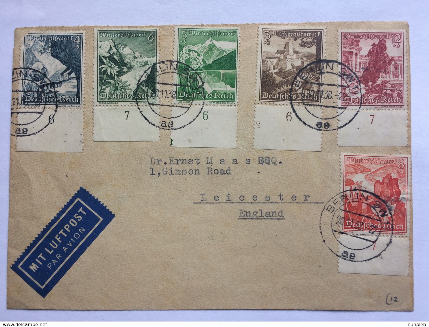 GERMANY 1938 Air Mail Cover Berlin To Leicester England Tied Winter Relief Fund Examples With Marginal Numerals - Lettres & Documents