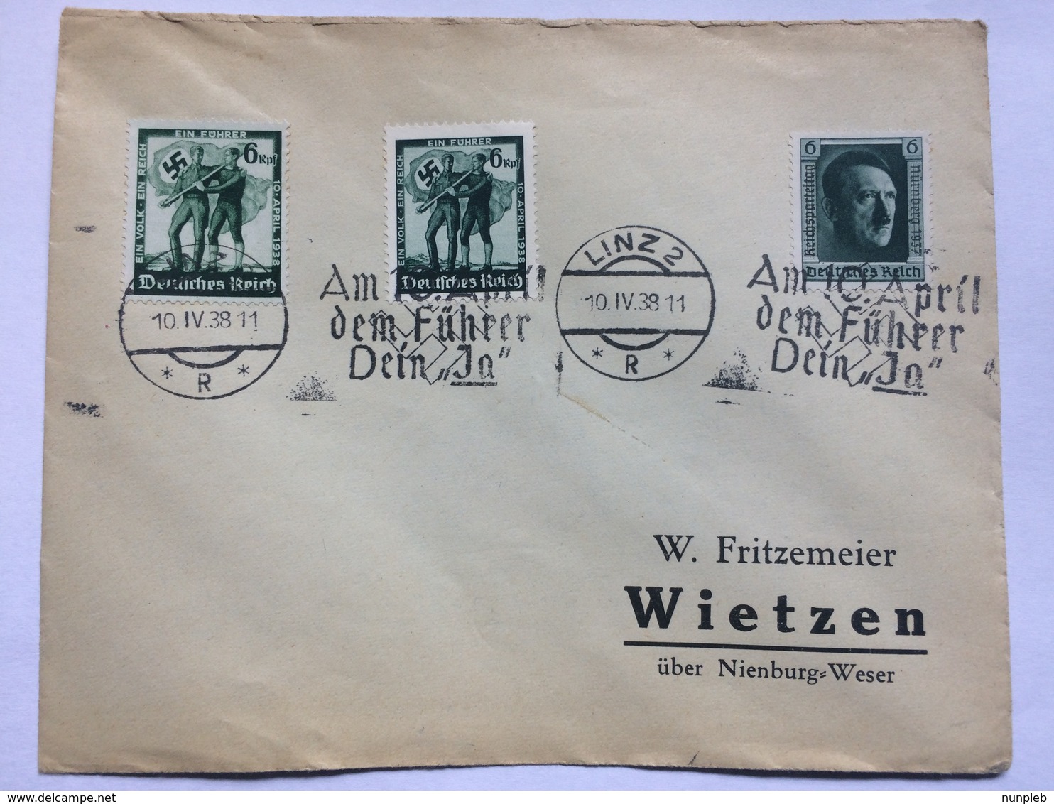 GERMANY 1938 Cover Linz To Wietzen With `Am 10 April Dem Fuhrer Dein Ja` Cancels - Briefe U. Dokumente