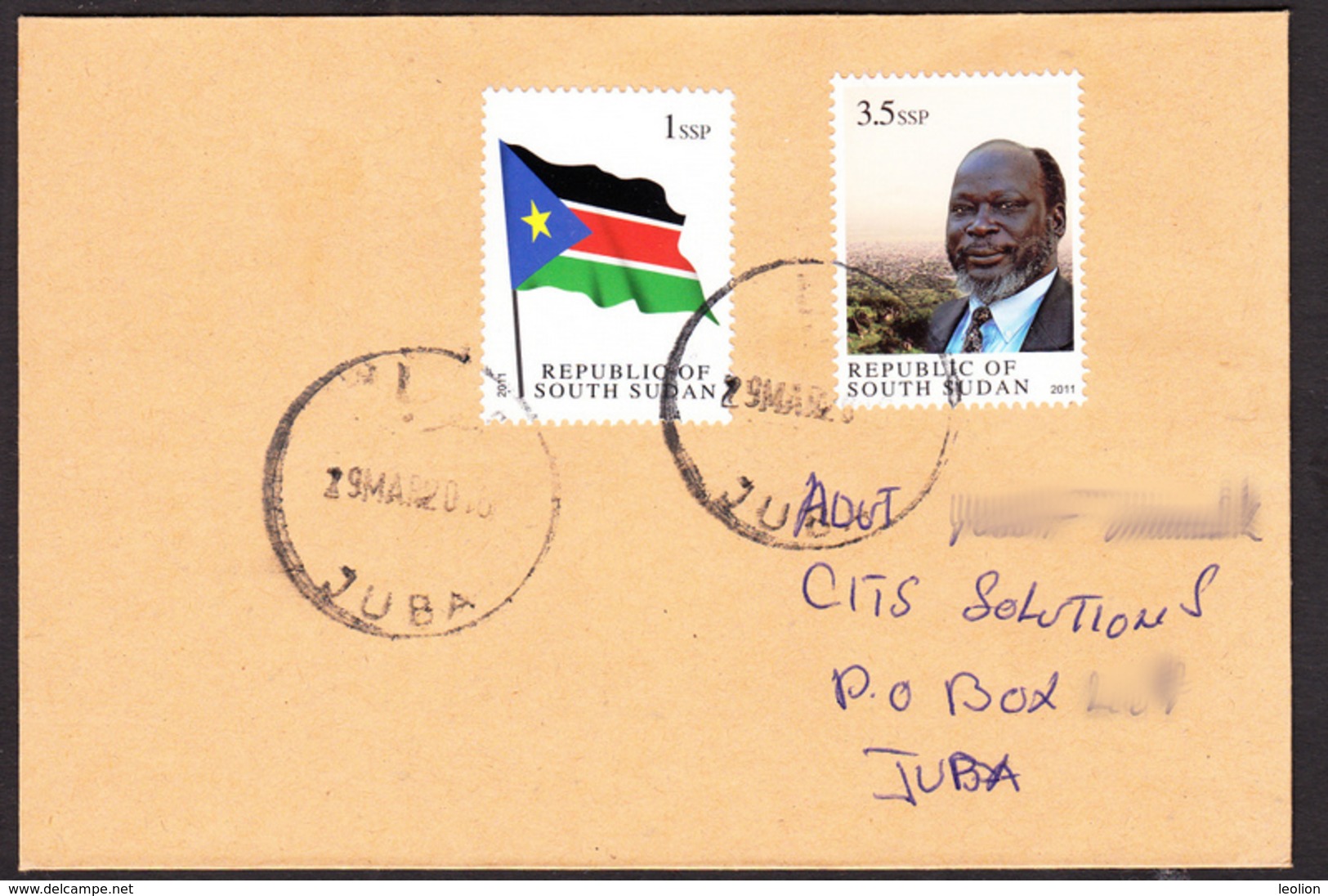 SOUTH SUDAN Cover With The 2011 1st Set 1 SSP National Flag And 3.5 SSP Dr. John Garang - Soudan Du Sud Südsudan - Zuid-Soedan