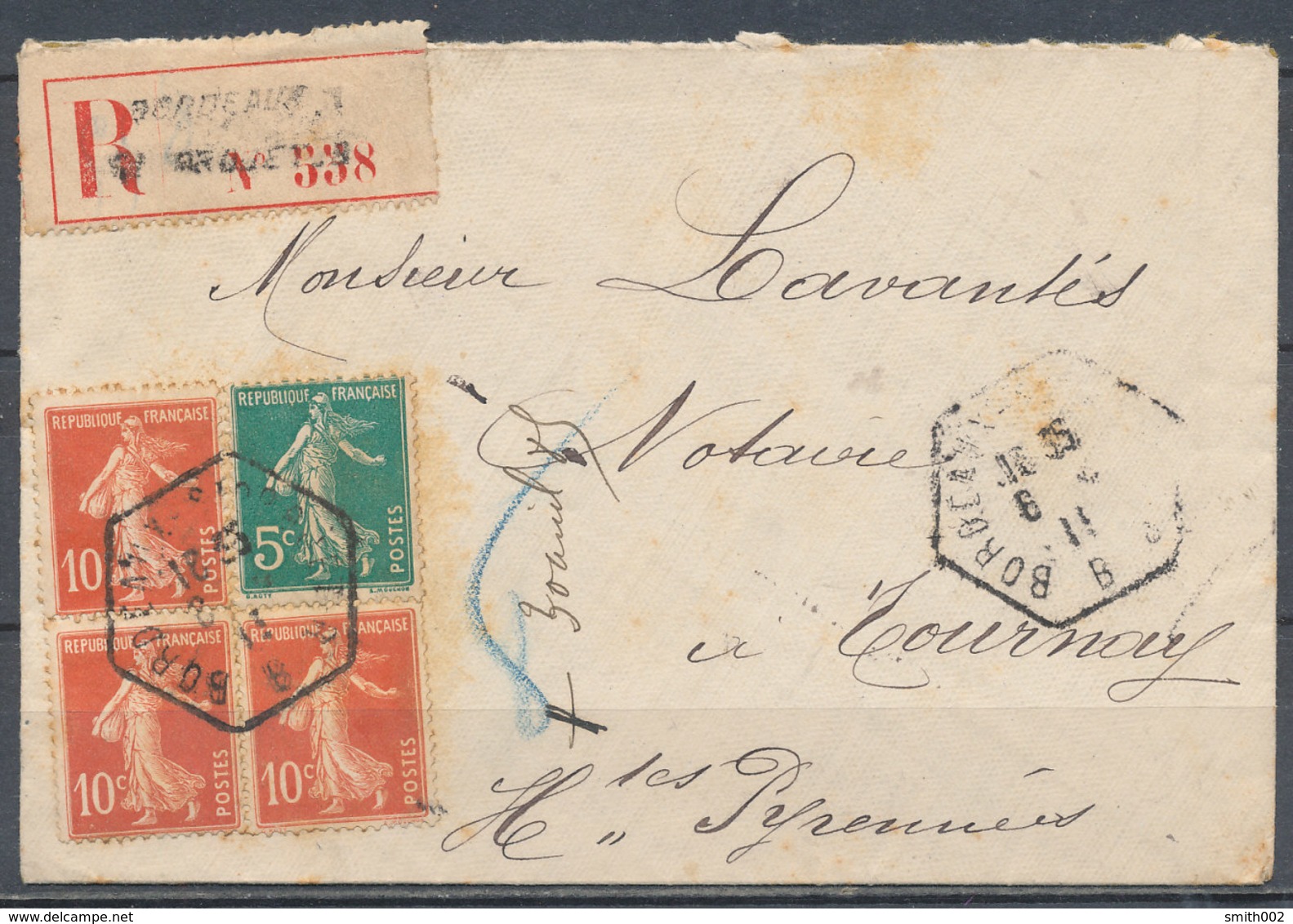 1919 - Reco Cover From BORDEAUX To TOURNAY - 1877-1920: Semi Modern Period