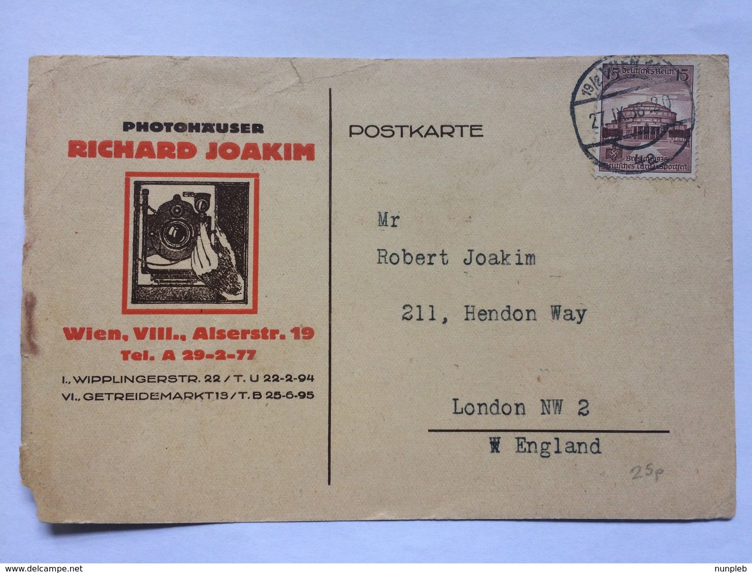 GERMANY 1938 Postcard Richard Joakim Wien Vienna To London Illustrated - Lettres & Documents