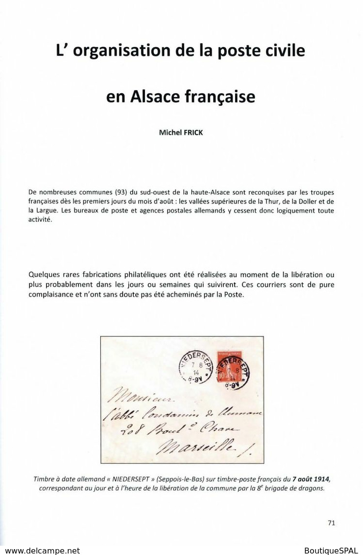 La Grande guerre en Alsace Lorraine - l'année 1914 - édition SPAL, 2014 - Feldpost 1914 Elsass 1. WK