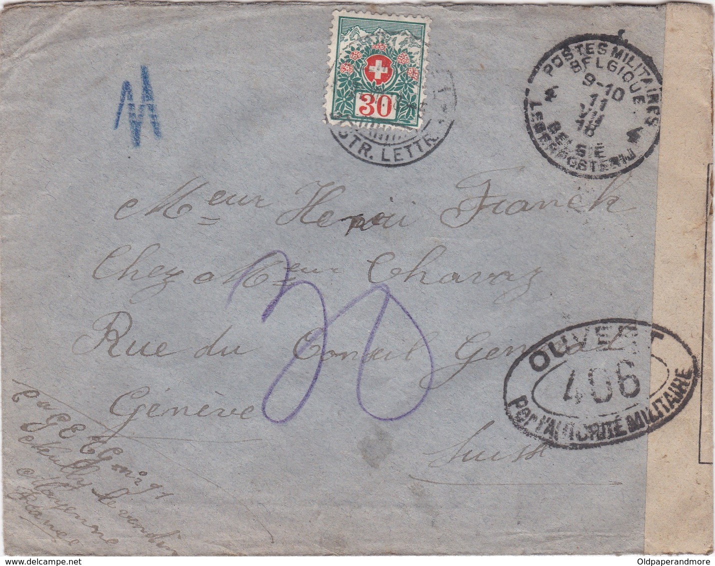BELGIQUE - CIRCULATED  AND CENSURED COVER - RED CROSS REVENUE - MILITARY CANCEL TO GENEVE SUISSE - SWITZERLAND - Legerstempels